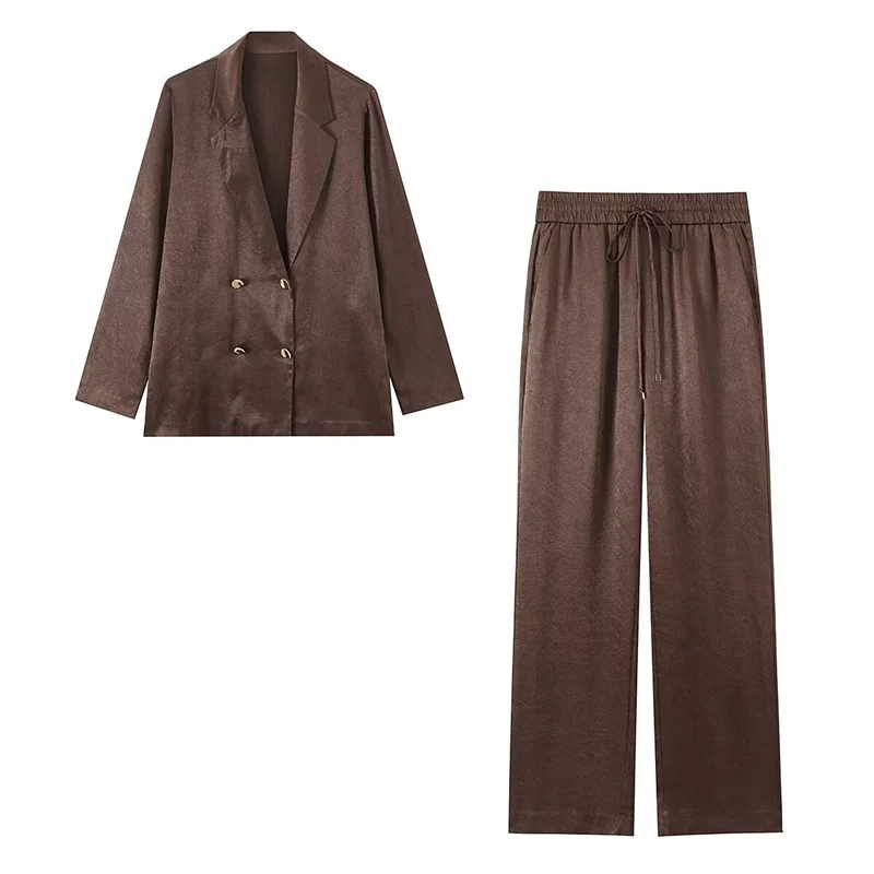 여성 정장 2026 봄 신상 적갈색 긴팔 드레이핑 플리츠 장식 심플 블레이저 팬츠 세트 패션