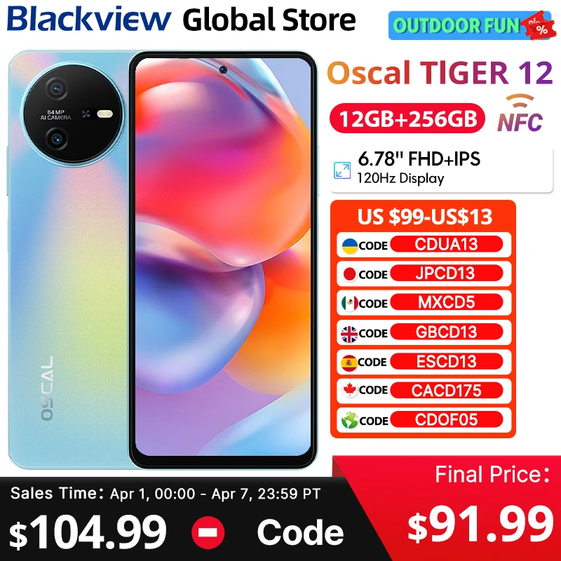 블랙뷰 OSCAL TIGER 12 스마트폰 6.78인치 FHD+ IPS 2.4K 120Hz 디스플레이 Helio G99 12GB 256GB 64MP 카메라 5000mAh NFC 휴대폰