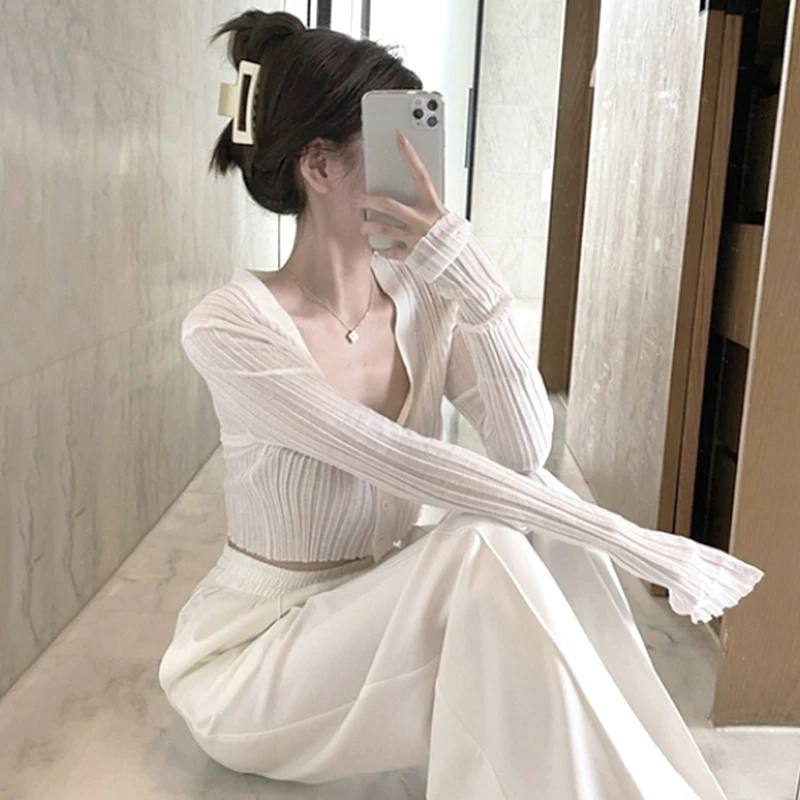 여성용 자외선 차단 숄, 에어컨 커버업, 섹시한 아이스 실크 니트 얇은 가디건 숏자켓