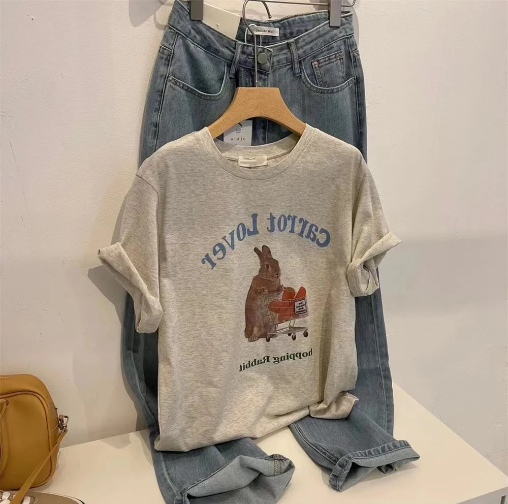 아메리칸 레트로 그레이 티셔츠 여성용 숄더 반팔 라운드넥 순면 탑 슬리밍 패셔너블 한국 스타일 여름