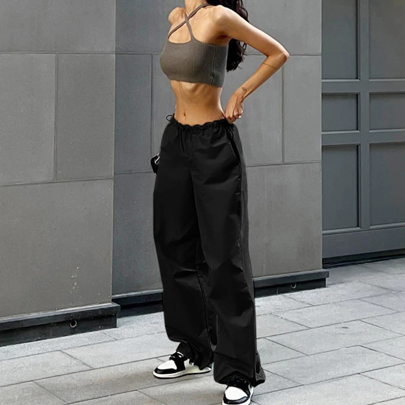 Y2k 카고 여성 Drawstring 바지 낮은 허리 스웨트 팬츠 streetwear 빈티지 헐렁한 넓은 다리 바지 대형 낙하산 조깅 바지