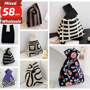 여자 매듭 손목 가방 수제 니트 가방 휴대용 미니 스트라이프 토트 버킷 전화 가방 대용량 가을 겨울 핸드백