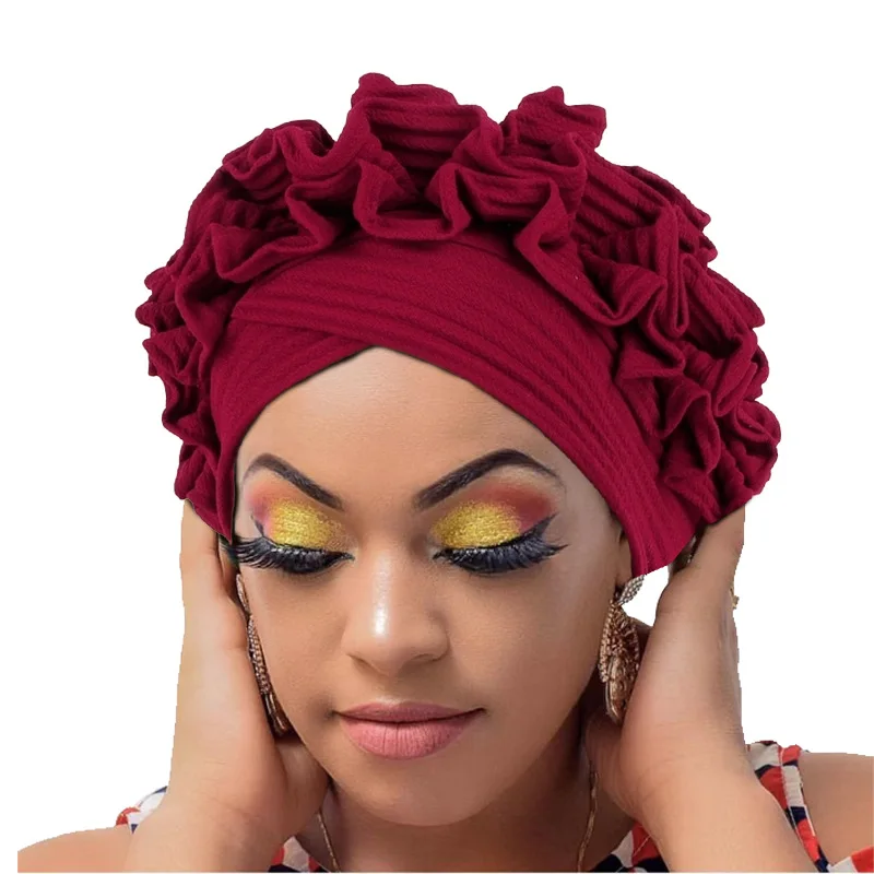 Ruffled Turban Cap 여성용 헤드 랩 부드럽고 편안한 Headscarf 보닛 레이디 Soild Color Headgear