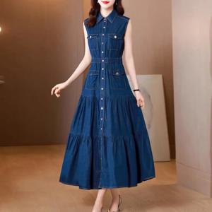 TIYIHAILEY-롱 미드 카프 민소매 데님 드레스, 싱글 브레스트 드레스, 중국 스타일, 새로운, M-4XL, 2024