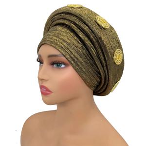 이미 만든 아프리카 Headtie 반짝이 다이아몬드 여성 터번 모자 여성 머리 랩 나이지리아 결혼식 자동 Geles 파티 모자를 쓰고 있죠 모자