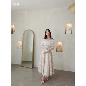 Bella Champagn Tulle 이브닝 드레스 오프 숄더 A 라인 Vestidos De Fiesta 우아한 긴 소매 발목 길이 فستان