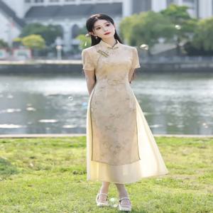 젊은 스타일의 치파오 우아한 롱 드레스 체형을 가려주는 슬리밍 데일리룩 폴리에스터 섬유 반팔 여름 신상 중국풍