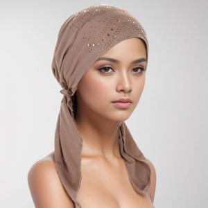 패션 다이아몬드 여성 Hijab 솔리드 컬러 이슬람 숙녀 터번 보닛 부드러운 탄성 긴 꼬리 머리 랩 머리 스카프 인도 모자