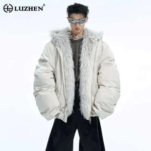 LUZHEN 남성용 겨울 후드 코튼 코트, 캐주얼 단색 인조 모피 패치워크 디자인, 맞춤형 따뜻한 짧은 야구 재킷, LZ7041