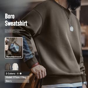 Maden 남성용 빈티지 보라 패치워크 맨투맨, 캐주얼 라운드넥 상의, 클래식 풀오버, 용수철 및 가을 패션 스트리트웨어