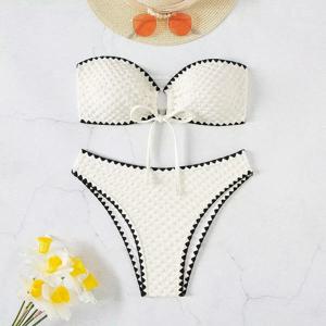 화이트 수영복 2 피스 Strapless 수영복 여성 섹시한 Bandeau Backless 비키니 세트 레이스 업 패치 워크 비치 수영복 2025 New
