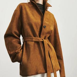 여성용 100% 진짜 가죽 자켓 레트로 캐주얼 레이스 업 벨트 중간 길이 A 레벨 첫 번째 레이어 염소 가죽 여성 키즈 스웨이드 자켓