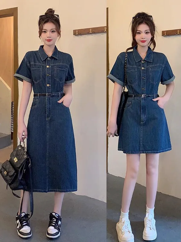 플러스 사이즈 여성 여름 슬리밍 데님 드레스 루즈핏 뱃살 커버 롱 스커트 한국 스타일 A라인 드레스 반팔 드레스