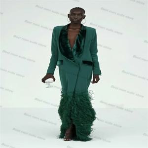 녹색 깃털 여성 정장 1 조각 긴 블레이저 벨벳 옷깃 댄스 파티 드레스 공식 오피스 자켓 맞춤형 웨딩 봄 코트