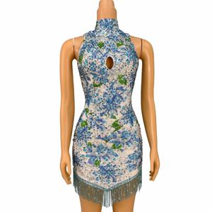 매력적인 라인 석 치파오 생일 파티 드레스 무대 공연 의상 봄 여름 허리 술 휴가 복장 Vestito