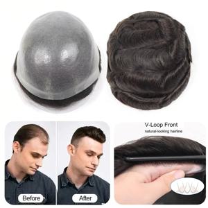 얇은 피부 Toupee 인간의 머리카락 자연 헤어 라인 남성 머리 보철물 더블 매듭 모세관 보철물 현실적인 남성 가발 머리 시스템