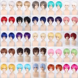 남성용 합성 짧은 푹신한 레드 실버 그레이 라이트 골든 옐로우 그린 핑크 퍼플 오렌지 화이트 유니버설 코스프레 가발 앞머리