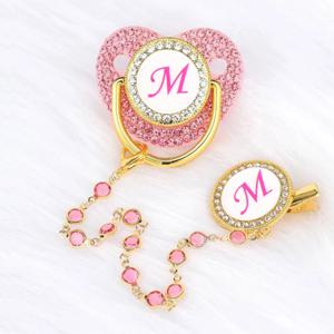 핑크 보석이 달린 블링 젖꼭지 체인 클립이 달린 럭셔리 이유식 젖꼭지 아기 젖꼭지 신생아 아기 더미 노리개