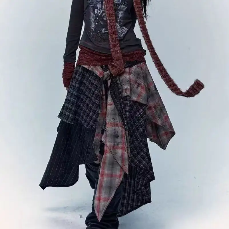 2025 신상 여성용 불규칙 코튼 패치워크 롱 스커트, 2025 패션 미디 기장 빈티지 스커트 여성 의류