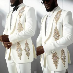 럭셔리 남성 웨딩 정장 아플리케 숄 라펠 싱글 브레스티드 턱시도 신랑 비즈니스 2피스 블레이저 팬츠 맞춤 제작