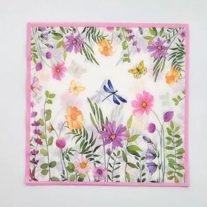 잠자리와 나비가 있는 우아한 꽃무늬 냅킨 - 웨딩 테이블 장식용 2겹 흡수성 종이, 핑크 테두리 보타니카
