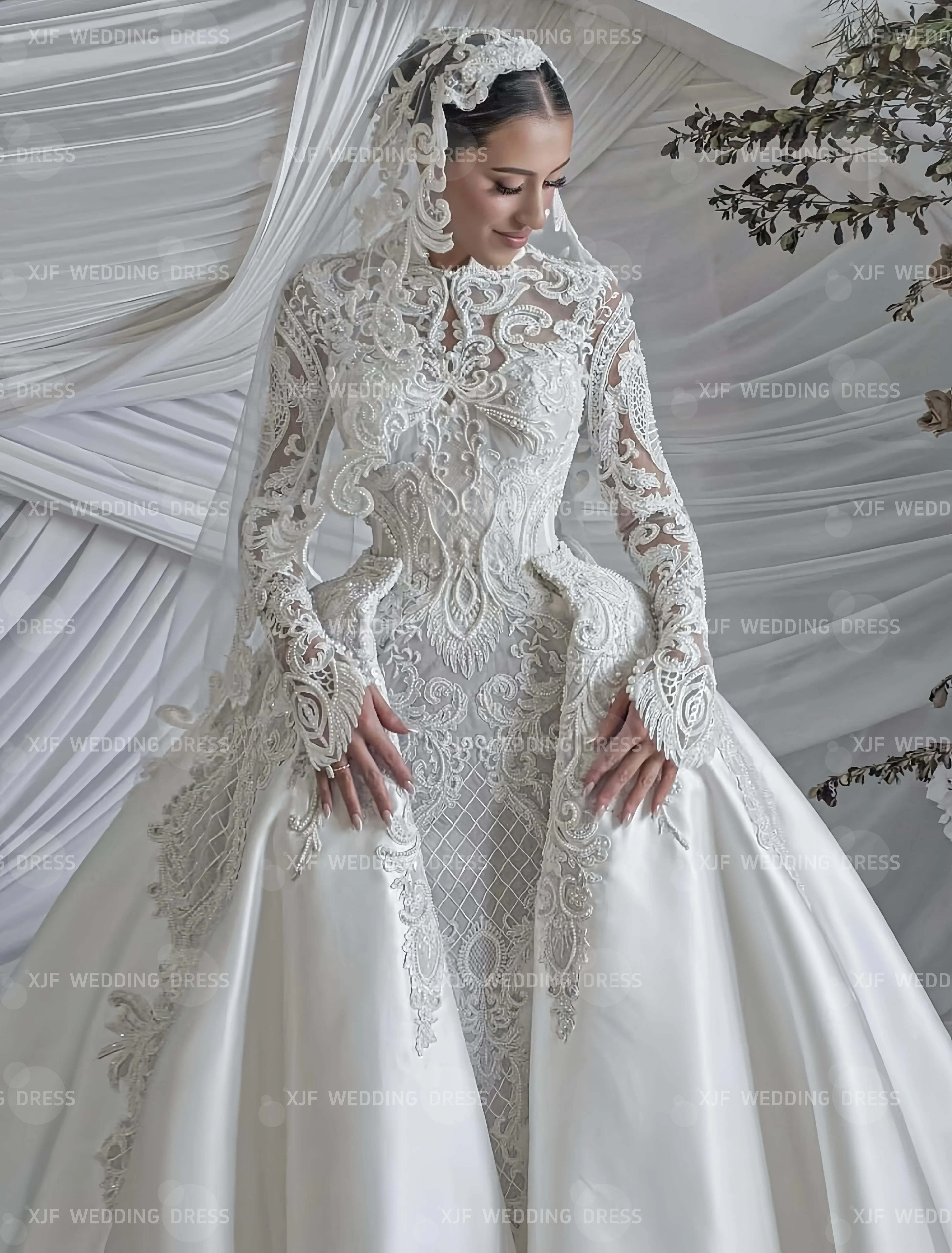 Customzied 하이 칼라 긴 소매 인어 분리형 꼬리 레이스 웨딩 드레스 vestidos de novia amanda novias amanda novias offi