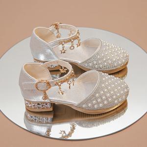여자 결혼식을위한 하이힐 신발 반짝이 라인 석 펜던트 반짝 이는 반짝이 패션 공주 키즈 가죽 드레스 신발