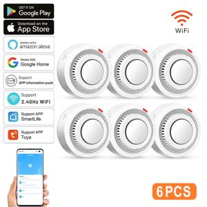 6팩 투야 와이파이 스마트 연기 감지기 스마트라이프 앱 제어 연기 경보기 85dB 현장 알람 알렉사 및 구글 어시스턴트 지원