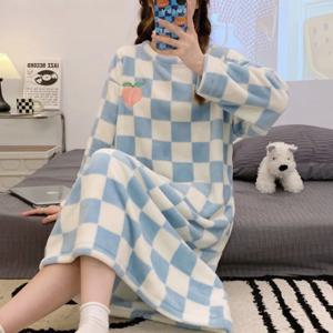 숙녀 Nightwear Nightdress 가을, 겨울 산호 벨벳 긴 소매 격자 무늬 드레스 스트라이프 학생 플란넬 드레스 대형