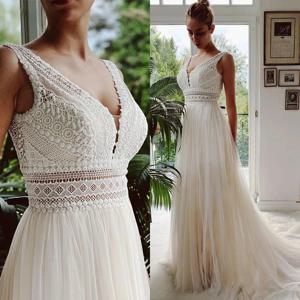 맞춤형 보헤미안 웨딩 드레스 V 넥 아플리케 레이스 Tulle 아이보리 우아한 댄스 파티 드레스 A 라인 신부 Boho Vestidos De Novia