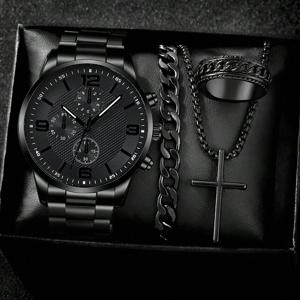 4종 비즈니스 남성용 선물 세트 시계 패션 트렌드 쿼츠 시계 팔찌 목걸이 반지 세트 친구 또는 아빠를 위한 완벽한 선물 세트