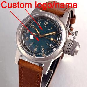 맞춤형 다크 그린 빈티지 다이얼 밀리터리 36MM NH35 자동 남성용 시계 BigCrown 3.8 날짜 돔형 사파이어 글래스 샌드블라스트 케이스