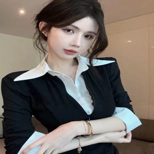 섹시한 V넥 폴로 칼라 셔츠 여성용 봄 패션 유니크 스타일리쉬 퓨어 데지어 스파이시 걸 투피스 룩 허리 라인 강조 긴팔