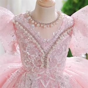 핑크 럭셔리 여자 공주 드레스 튜브 구슬 레이스 프릴 생일 웨딩 볼 가운 피아노 공연 어린이 복장