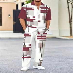 2025 가을 기하학적 색 블록 인쇄 반팔 세트, 2pcs 매일 캐주얼과 느슨한 남성 셔츠 세트, 캐주얼 및 유행