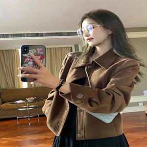 레트로 스타일 여성용 짧은 스웨이드 재킷 루즈핏 얇은 아우터 봄 가을 스트리트 패션 스몰 사이즈 친숙한 캐주얼 탑
