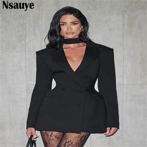 Nsauye 우아한 A라인 짧은 패션 이브닝 블랙 블레이저 브이넥 드레스 여성 겨울 의류 섹시한 나이트 클럽 파티 드레스