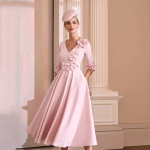 미디 웨딩 게스트 드레스 티 길이 3D 꽃 장식 반소매 신부 어머니 드레스 웨딩용 V넥 A라인 파티 가운