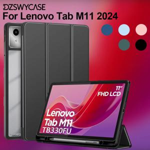 레노버 탭 M11 11인치 2024용 케이스, 펜 홀더 포함, 투명 하드 PC 백 커버, 트라이폴드 스탠드 케이스, 자동 깨우기/수면 기능