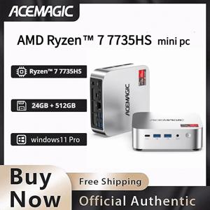 ACEMAGIC 미니 PC AMD Ryzen 7 7735HS 24GB 램 512GB SSD 윈도우 11 프로 미니 컴퓨터 4K 트리플 디스플레이, WiFi 6 BT 5.2 확장 가능