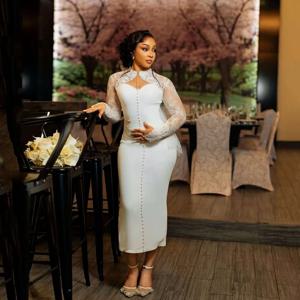 신부를 위한 시민 결혼식 드레스 2026 O-넥 긴팔 버튼 미디 길이 아프리카 레이스 리셉션 드레스 맞춤 제작 웨딩 드레스신부를 위한 민간 결혼식 드레스 2026 주문을 받아서 만들어진 결혼식을 위한 O-Neck 풀 슬리브 버튼 미디 길이 아프리카 레이스 리셉션 드레스