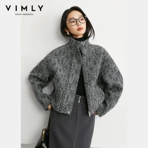 VIMLY 여성용 울 혼방 겨울 짧은 코트 2026 스탠드 넥 지퍼 업 질감 있는 긴 소매 여성 따뜻한 재킷 여성 의류 M9117