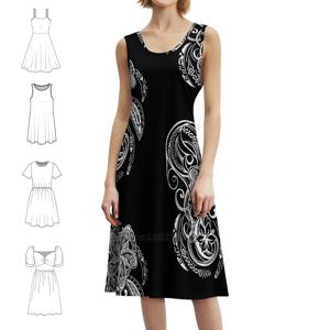 하와이안 블랙 앤 화이트 트라이벌 스레드 플로럴 스목 드레스 여성용 봄 여름 캐주얼 파티 드레스 하와이안 사모아