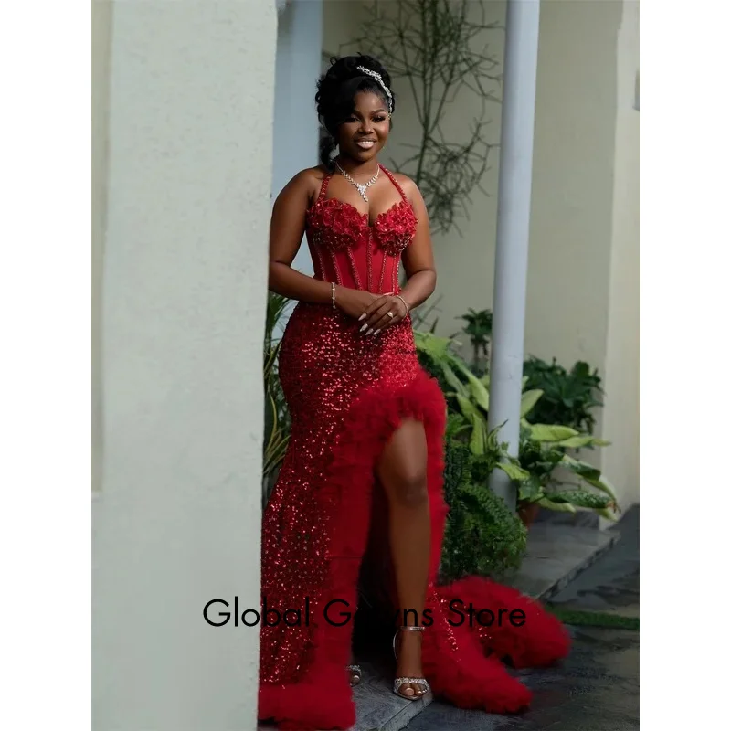 럭셔리 라인스톤 크리스탈 머메이드 프롬 드레스 아소 에비 러플 이브닝 파티 가운 맞춤형 블랙 걸즈 슬릿 이브닝 파티 드레스