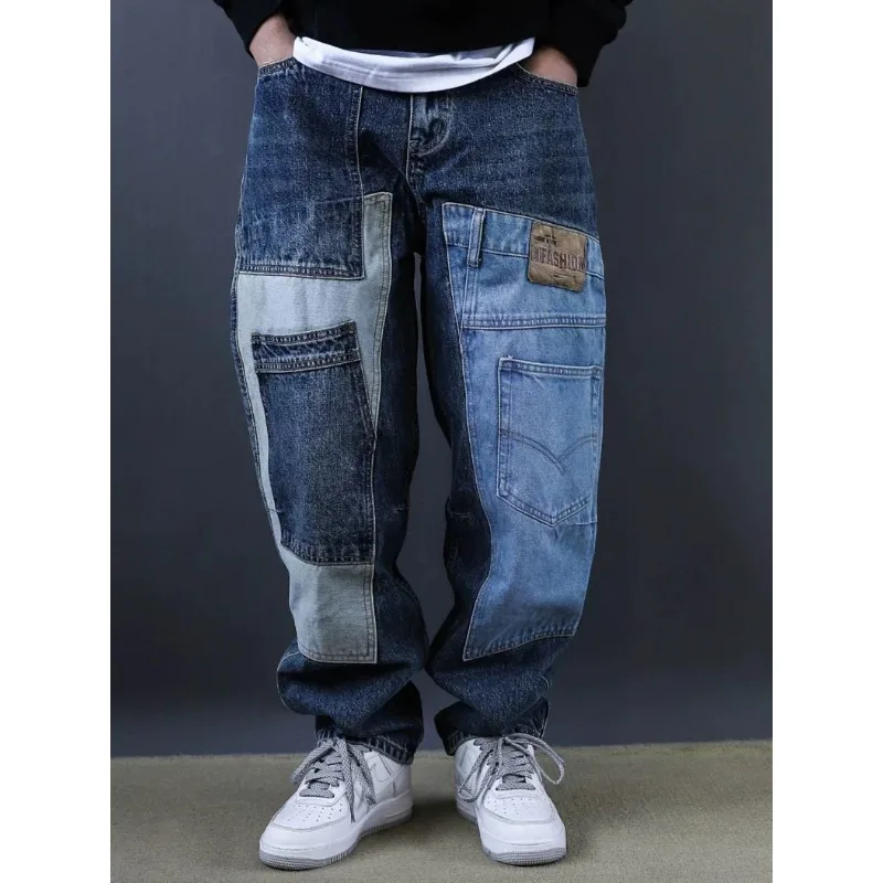 2025 레트로 워시드 패치 진 남성용 트렌디 브랜드 루즈 워크웨어 하렘 바지 트렌디 아메리칸 스타일