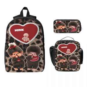 3개 세트 귀여운 몬치치 학교 가방 세트 소녀 소년용 펜 가방 백팩 세트 점심 도시락 포함 학교 학생용 데이팩