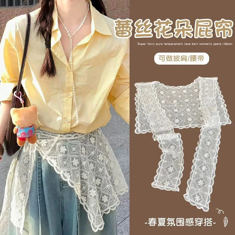 화이트 레이스 숄 실크 스카프 여성용 신상 일본식 달콤하고 귀여운 셔츠와 함께 입는 숄 스카프
