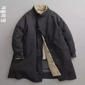 레트로 일본 스타일 남성용 롱 코튼 재킷 따뜻한 스탠드 칼라 안감 작업복 스타일 코트 캐주얼 루즈핏 폴리에스터 충전재