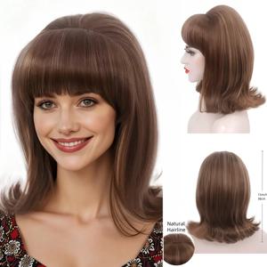 앞머리가 있는 중간 길이의 보브, 갈색 머리에 은은한 하이라이트, 복고풍의 우아한 여성용 일상 및 코스프레 합성 가발
