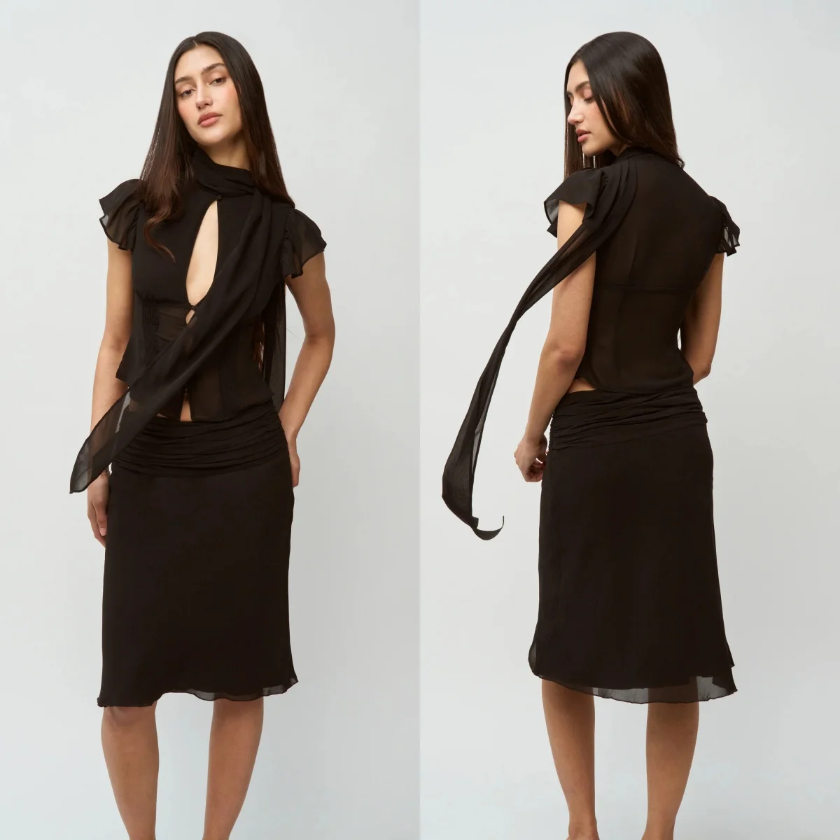 구이즈 블랙 리본 섹시 탑, 약간 비치는 피부 친화적인 소재, 중간 길이 스커트 세트, 쉬폰 프렌치 라이트 럭셔리 탑, 스위트 걸 파티 세트, 무릎 길이 스커트 세트